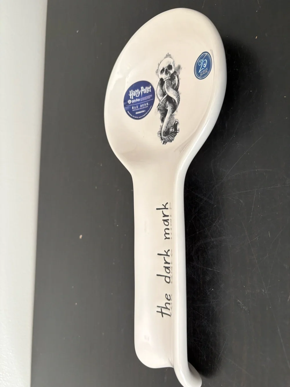 Rae Dunn White Ceramic Spoon Rest with Black Script and Artwork